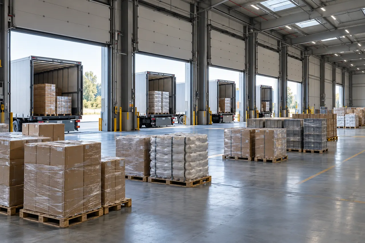 Camiones atracados en un muelle de cross-docking, con palets de distintos clientes agrupados en el suelo antes de cargarlos.