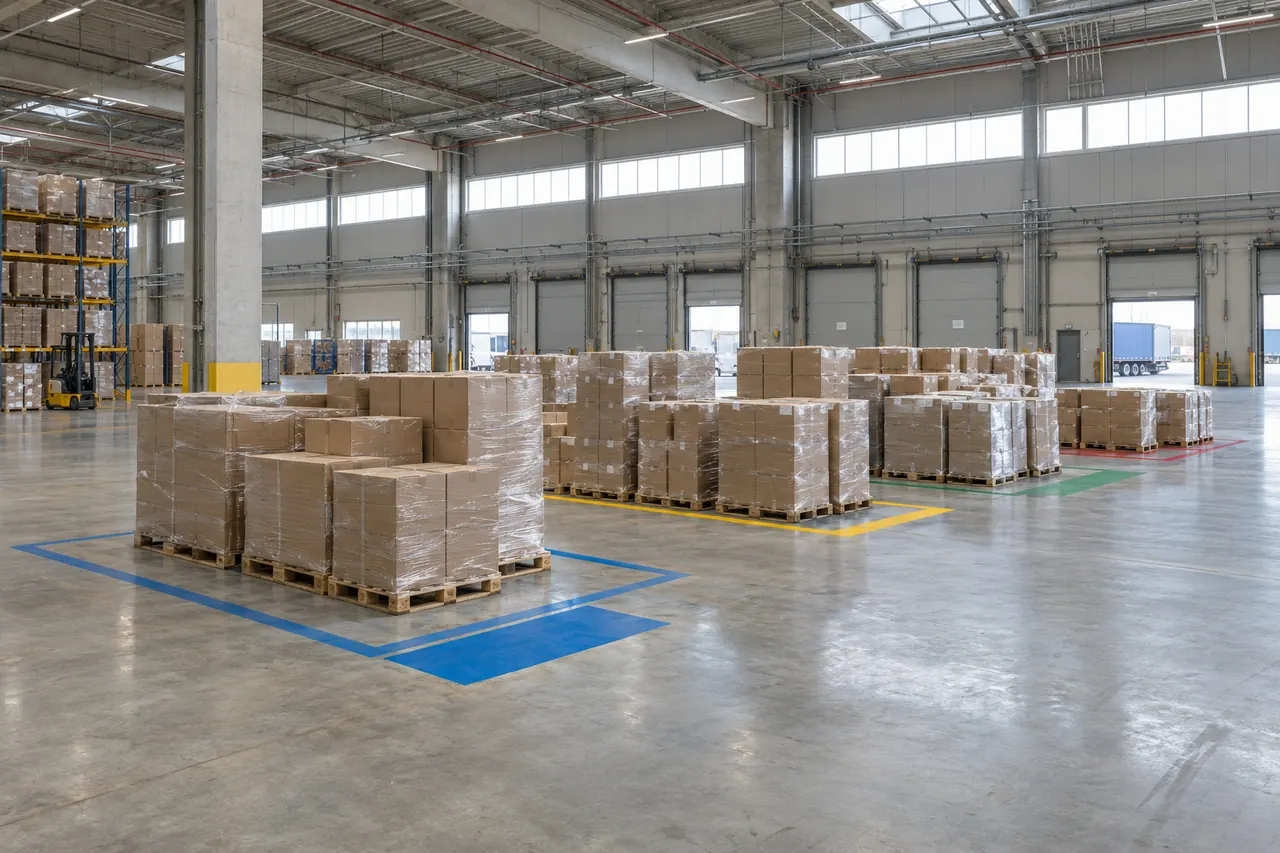 Palets agrupados por zonas de destino en el suelo de un almacén de consolidación.