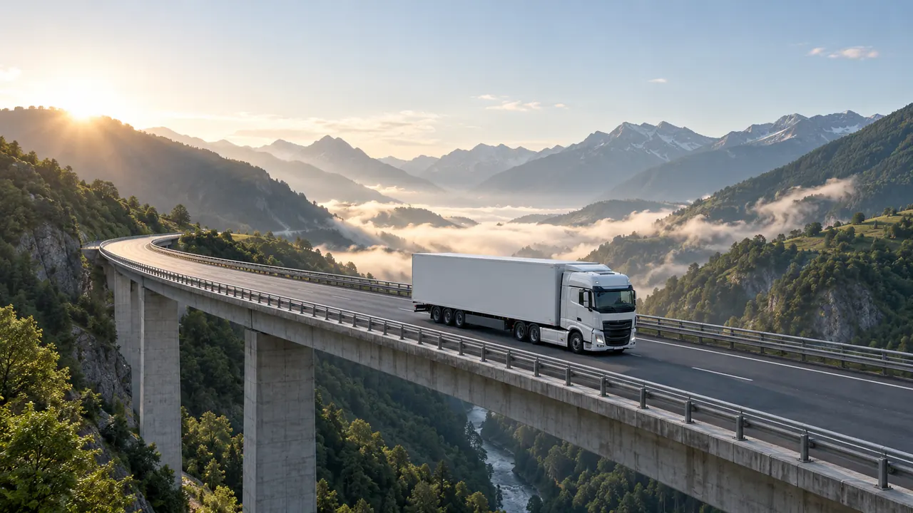 Un camión articulado cruza un viaducto de autopista entre montañas con niebla baja.